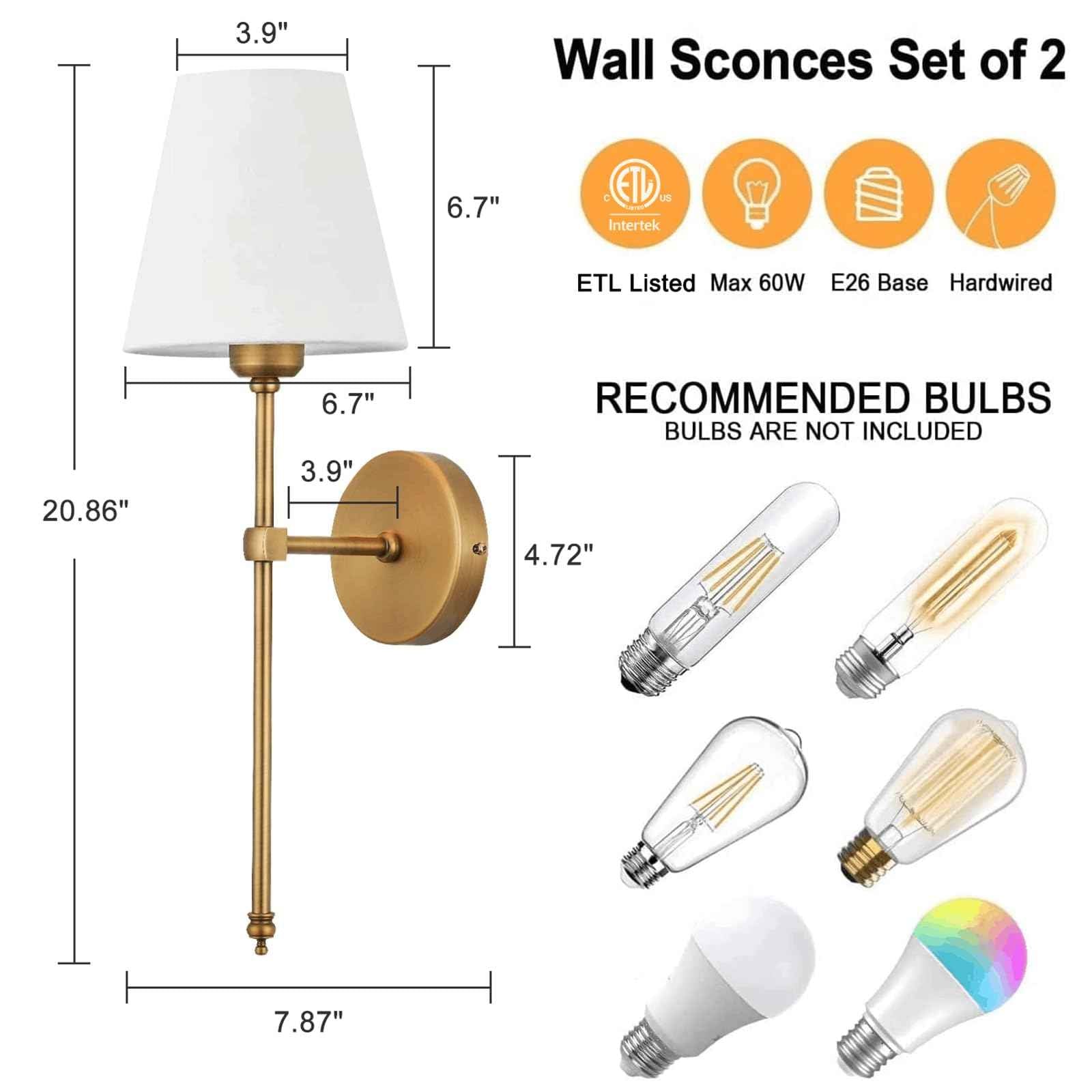Bsmathom Wall Sconces Sets of 2, Hardwired Classic Brushed Brass Sconces Wall Lighting, Bathroom Vanity Light Fixture with Fabric Shade for Bedroom Living Room Hallway Kitchen, Gold