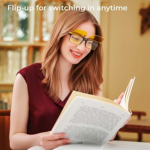 GLEXAL Night Vision Clip-On Sunglasses For Driving, Anti-Blue Light, Flip-Up Sun Shades - Unisex - Fits Over Prescription Glasses