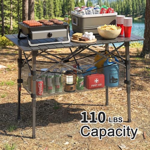 ARMOR CASTLE Adjustable Height Portable Camping Table with Storage Basket - Black, 37" Medium