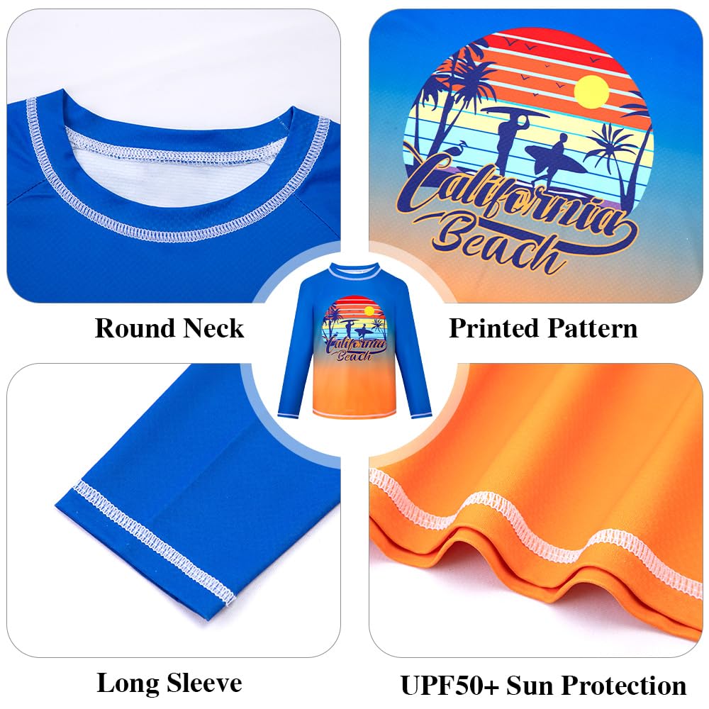 Belovance Boys Two Piece Rash Guard Swim Set Kids Long Sleeve Bathing Suit Swimwear Shirt with Trunks Swimming Suits Surfing Beach Clothes Quick Dry Size 7 8 Blue Orange