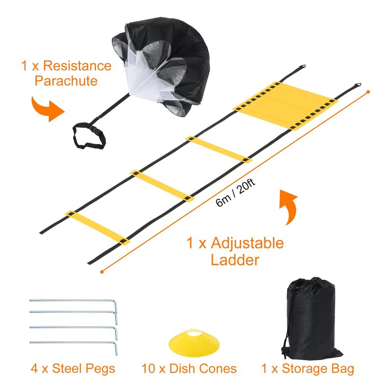 PATIKIL Agility Ladder Speed Training Equipment Soccer with 20Ft Exercise Ladder, Speed Parachute, 10Pcs Soccer Cones for Soccer Football Training, Yellow