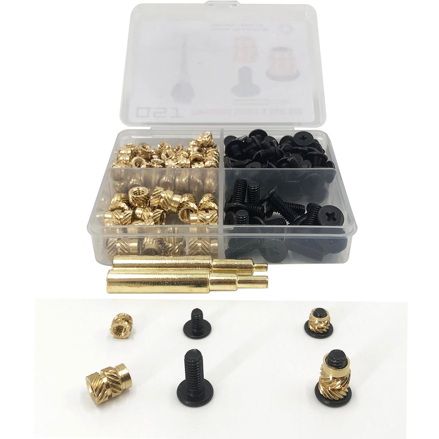 QSJ 200Pcs Threaded Insert Bolt Assortment kit 100Pcs M3 M4 Brass Heat Set Insert, 100Pcs M3 M4 Stainless Steel Black Bolt for Industrial 3D Printing Projects