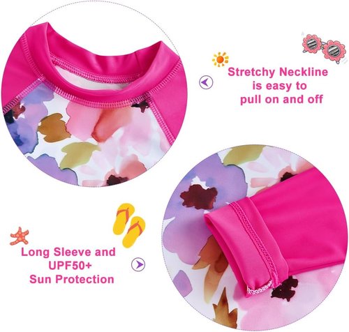 Funnycokid Girls Rash Guard Swimsuit Set - Long Sleeve Two-Piece Bathing Suit for Ages 2-10
