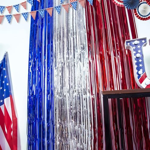 LOLStar 3 Pack 4th of July Red White Blue Foil Fringe Curtains - Patriotic Party Decorations