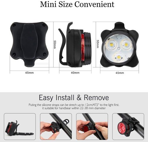 Topcom USB Rechargeable Bike Light Set, Super Bright, Bike Lights Front and Back, Waterproof, 4 Light Modes (2 Cables, 2 Straps).