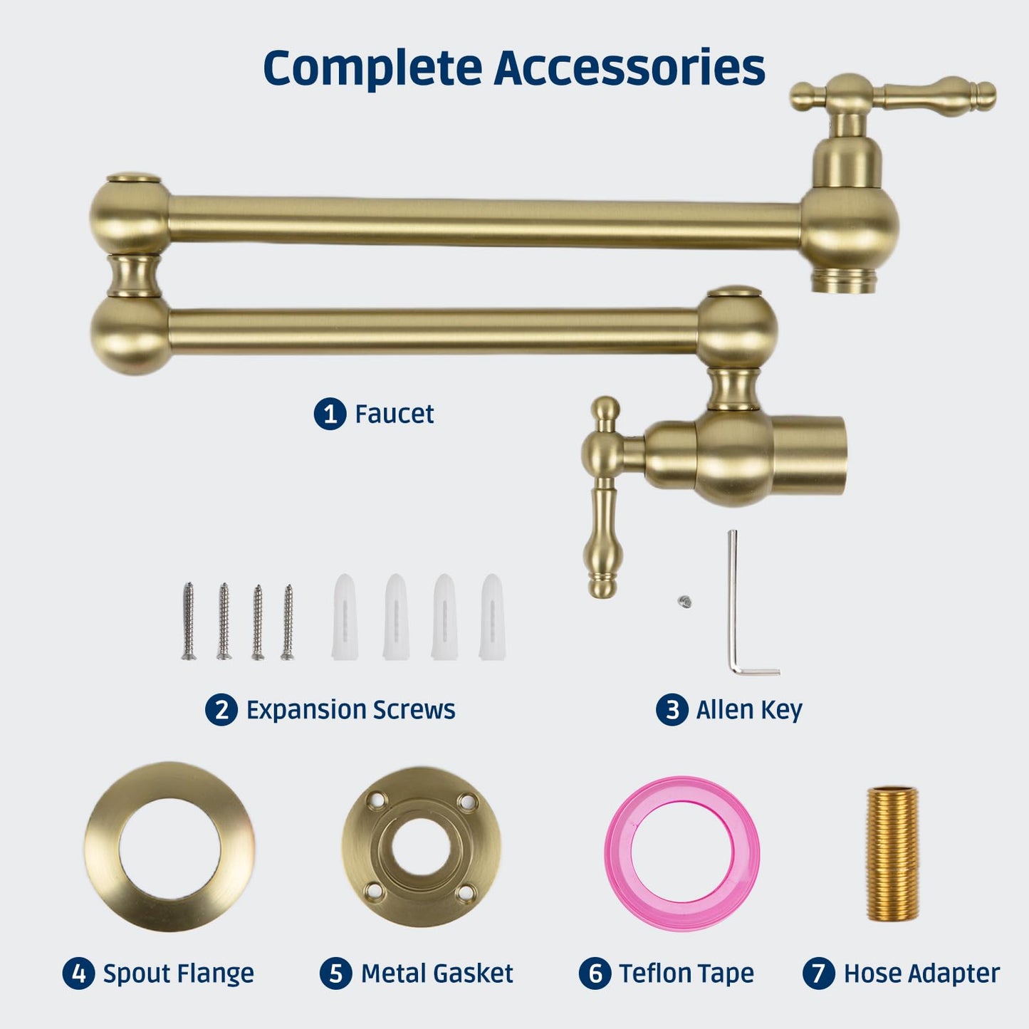 Allkorma 23" Brass Pot Filler Faucet Brushed Gold, Wall Mount Over Stove Water Faucet, Antique 2 Handles Folding Stretchable Pot Filler