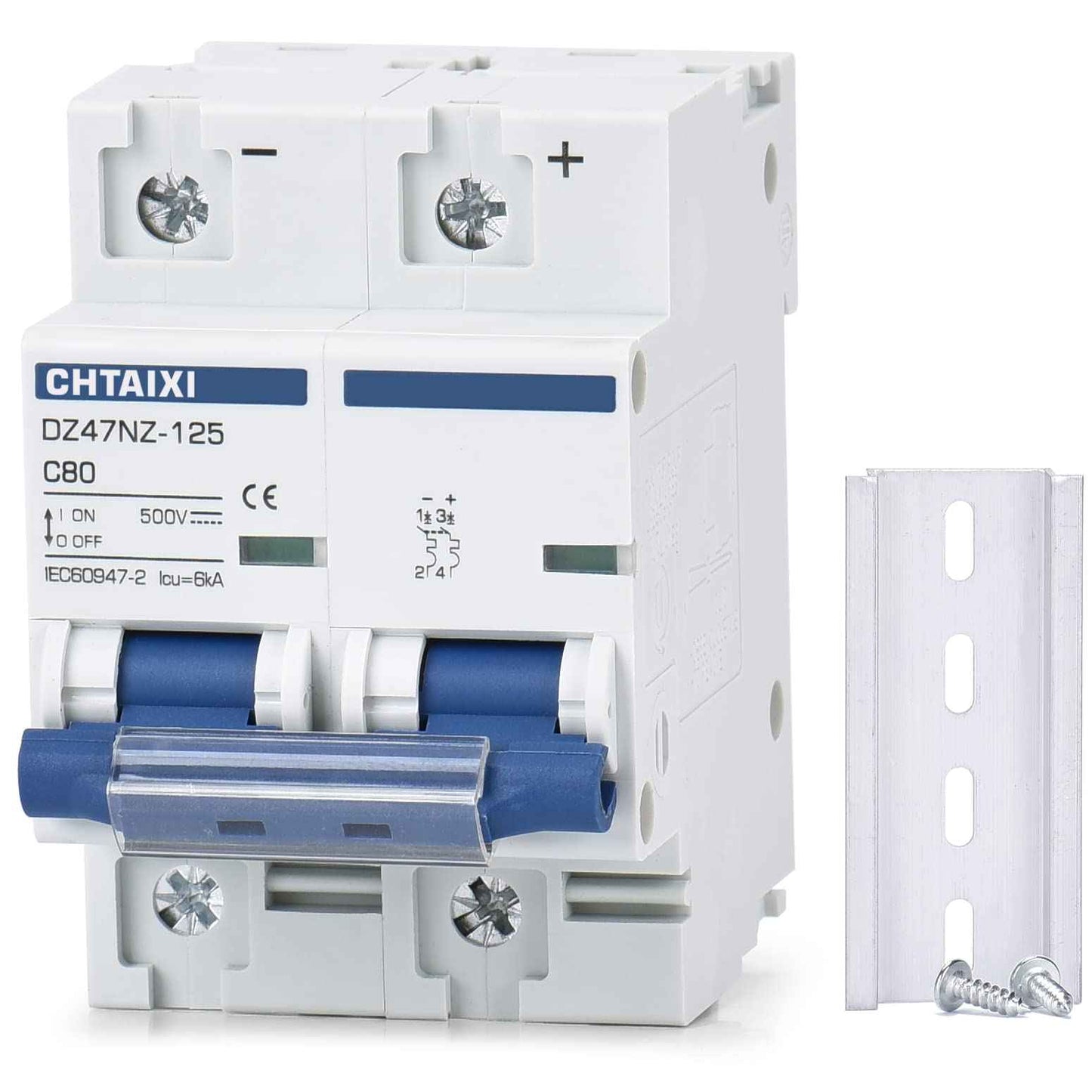 Chtaixi DC Miniature Circuit Breaker, 2 Pole 500V 80 Amp Isolator for Solar PV System, Thermal Magnetic Trip, DIN Rail Mount, High Current DC Disconnect Switch MCB 2P C80
