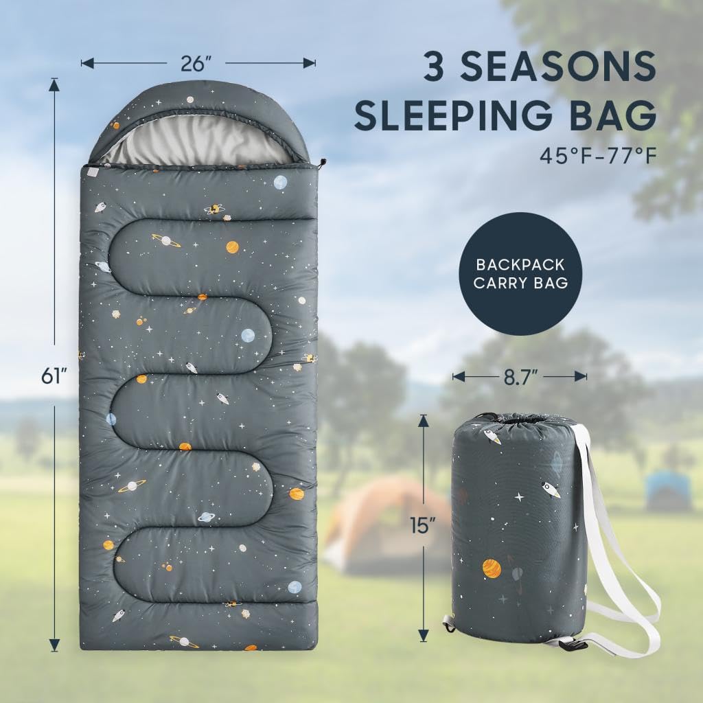 Wake In Cloud - Kids Sleeping Bag for Boys Toddlers, Camping in Warm Cold Weather, Backpacking Lightweight Compact Outdoor Liner for 3 Seasons, Galaxy Space, Gray