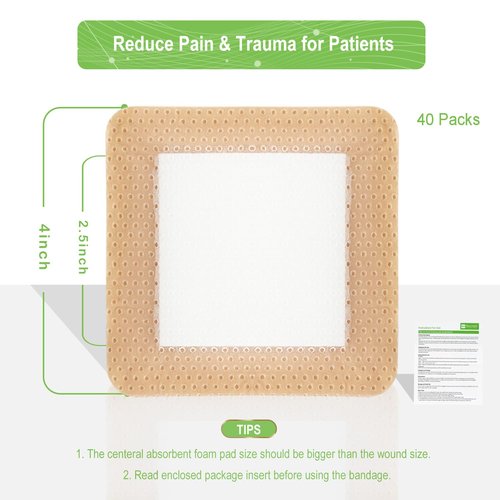 NeuHeils Silicone Foam Dressing with Gentle Border 4''x4'', 40 Pack - High Absorbency Waterproof Wound Bandage for Bed Sores, Leg Ulcers & Surgical Wounds