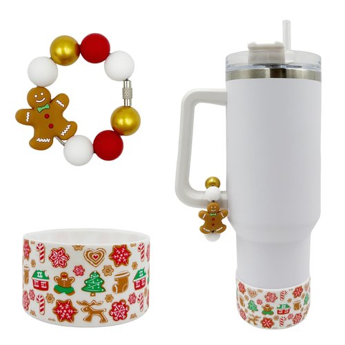 Christmas Tumbler Sleeve Cover with Beaded Handle Decor & Cup Bottom Boot – Xmas Drinkware Decoration, Gingerbread Man Water Bottle Accessories for Stanley 30oz 40oz Tumblers