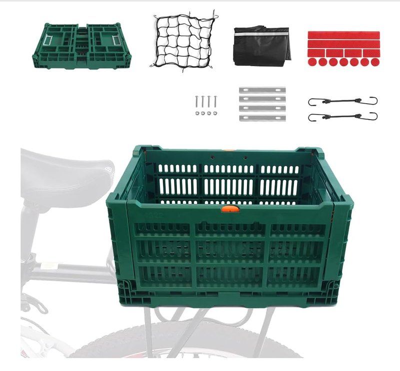 Bike Basket Rear, Foldable 35L Large Capacity Rear Bike Basket, and Durable Bicycle Foldable Rear Basket, Waterproof Cover for Shopping,Outings,Pets E-Bike Accessories (Green)
