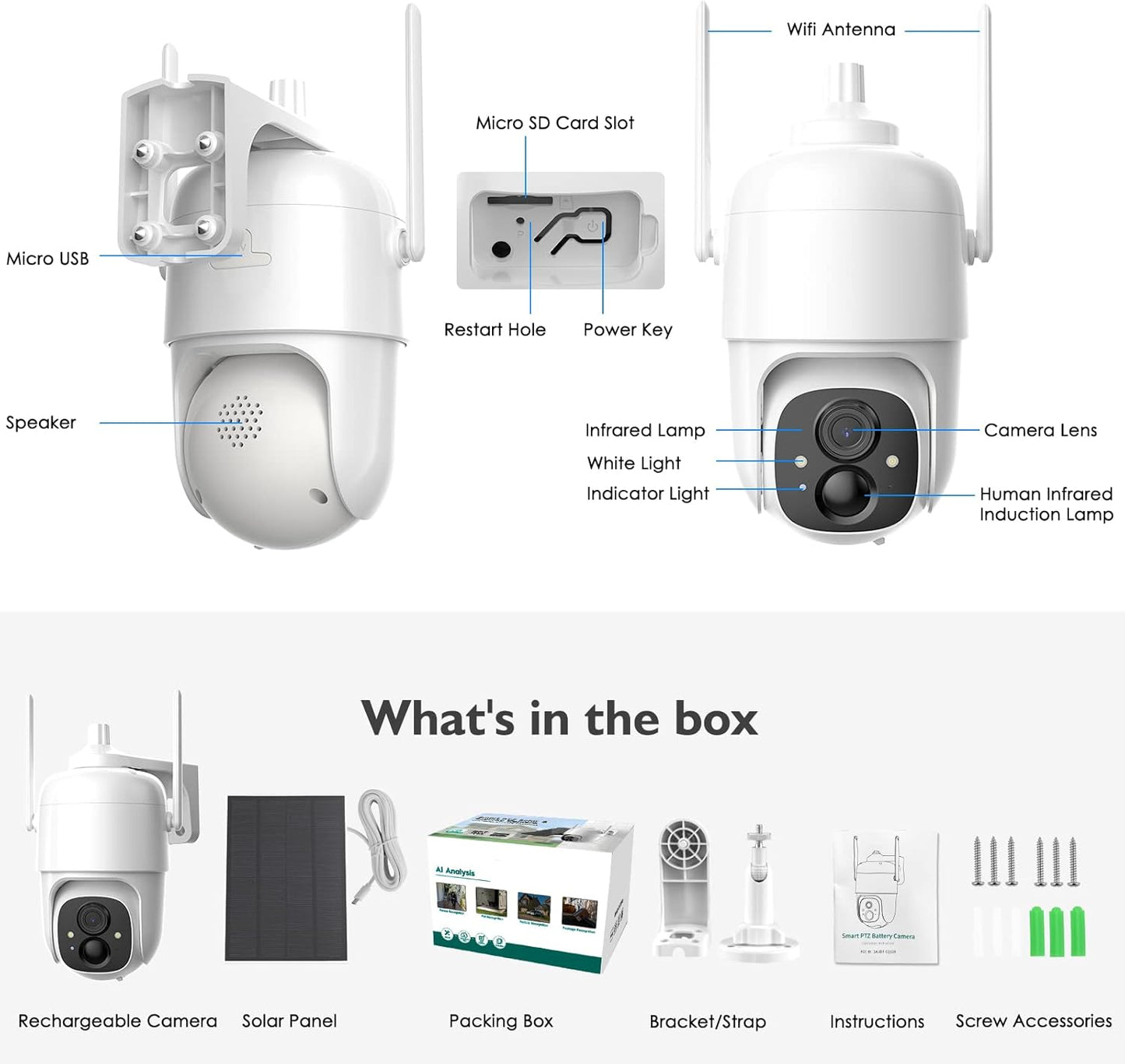 Wireless Solar Security Camera 2K 3MP PTZ - 355° View, Color Night Vision, IP65 Waterproof