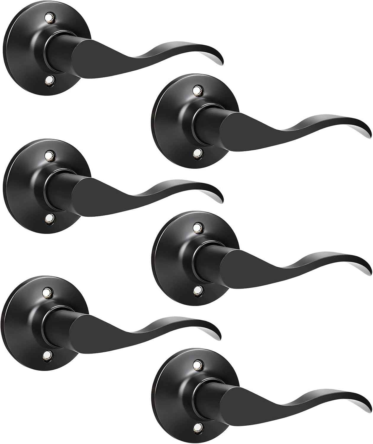 Black Privacy Door Levers - 6 Pack Keyless Modern Wave Handles for Bedrooms