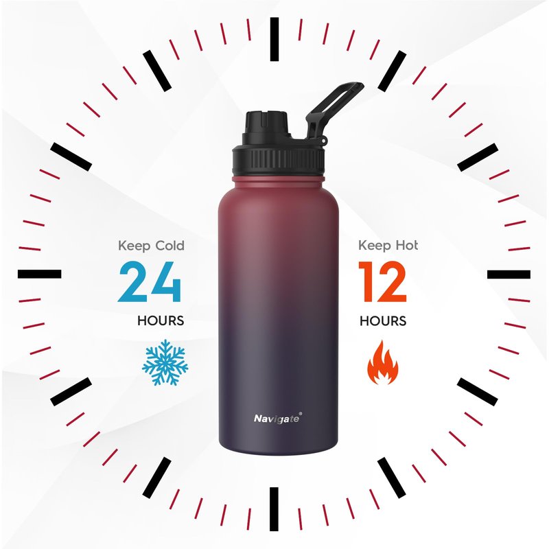 Navigate 32 oz Insulated Stainless Steel Sports Water Bottle with Spout & Handle Lids,Wide Mouth Water Jug with Double Walled Leak Proof Keep Cold for 24 Hrs Hot for 12 Hrs, Red to Black