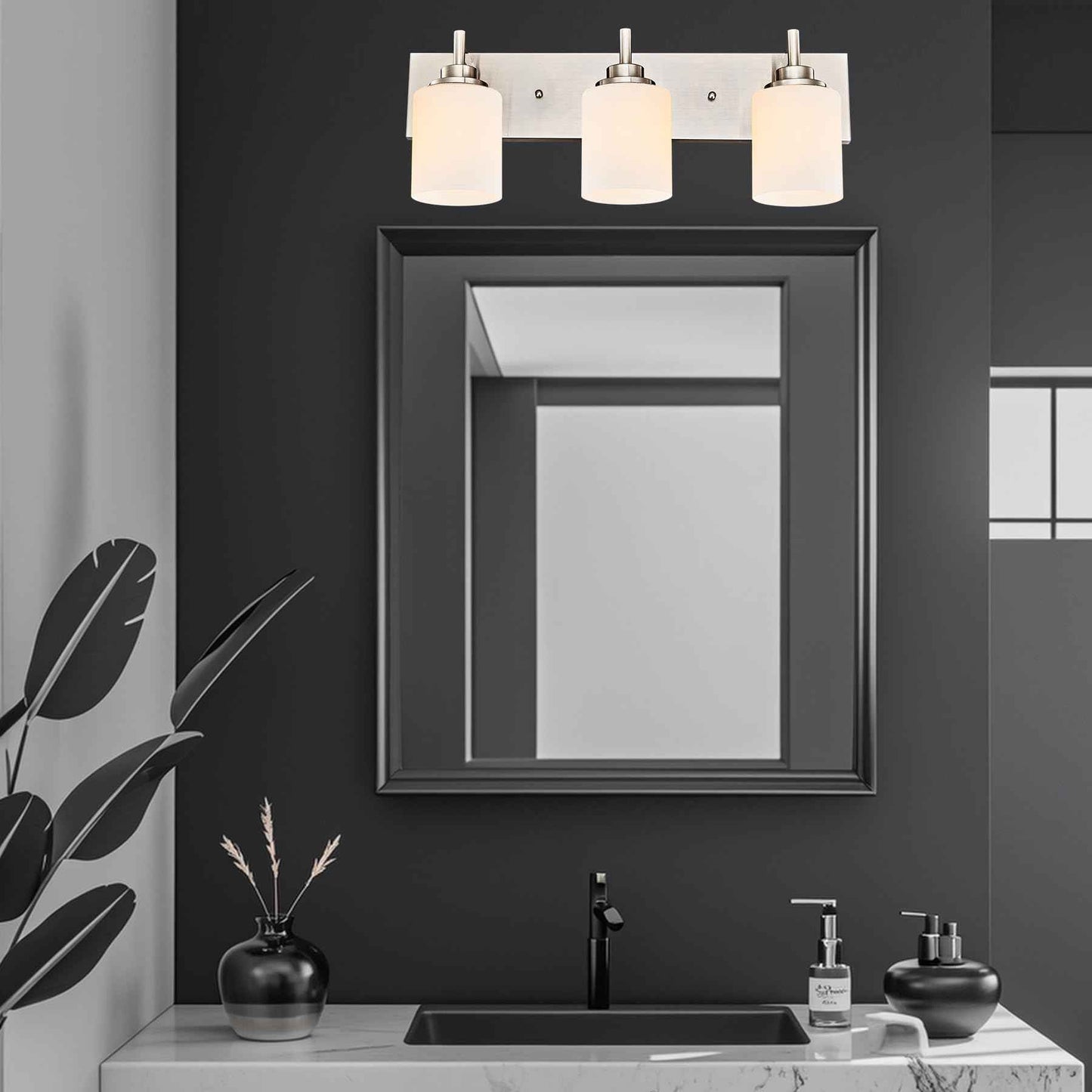 landskylite Bathroom Vanity Light Fixture, Brushed Nickel，24" 3 Lights，Offset Mount, Modern Wall Sconce，White Glass & Large Backplate - Farmhouse Lighting for Bathroom, Living Room, Hallway, Bedroom