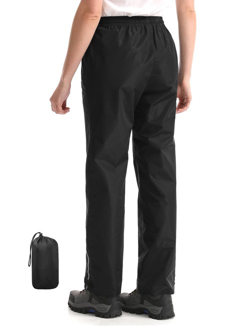 iCreek Women's Waterproof Rain Pants Packable Hiking Pants Over Pants Windproof Lightweight for Outdoor Hiking Golf Fishing (Black, Medium/31 Inseam)