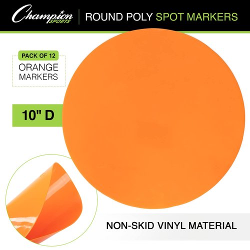 Champion Sports Round Poly Spot Markers for Sports, Activities, and Social Distancing - 10-inch, Set of 12 - Orange