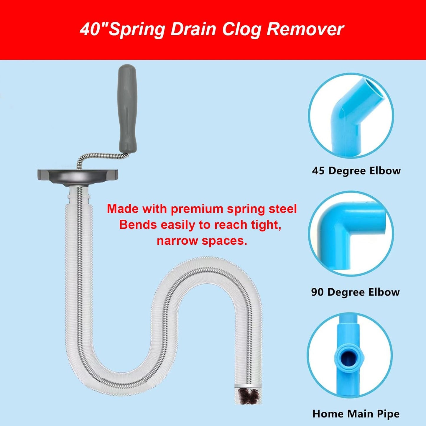 JOYFUL&HOPEFUL Drain Clog Remover Tool, 60" Stainless Steel Drain Unblocker,40" Snake Remover, 60" Pipe Cleaner Brush,24" Drain Cleaning Snake,5PCS, For Toilet, Kitchen Sink, Bathroom Tub, Sewer