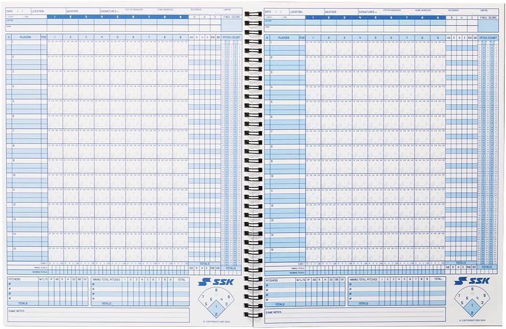 SSK 80 Game Official Scorebook Baseball + Softball – Premium Cover Score Keeping Book – 15 Player - Home + Away Team – 9.25”x12” (80 Games)