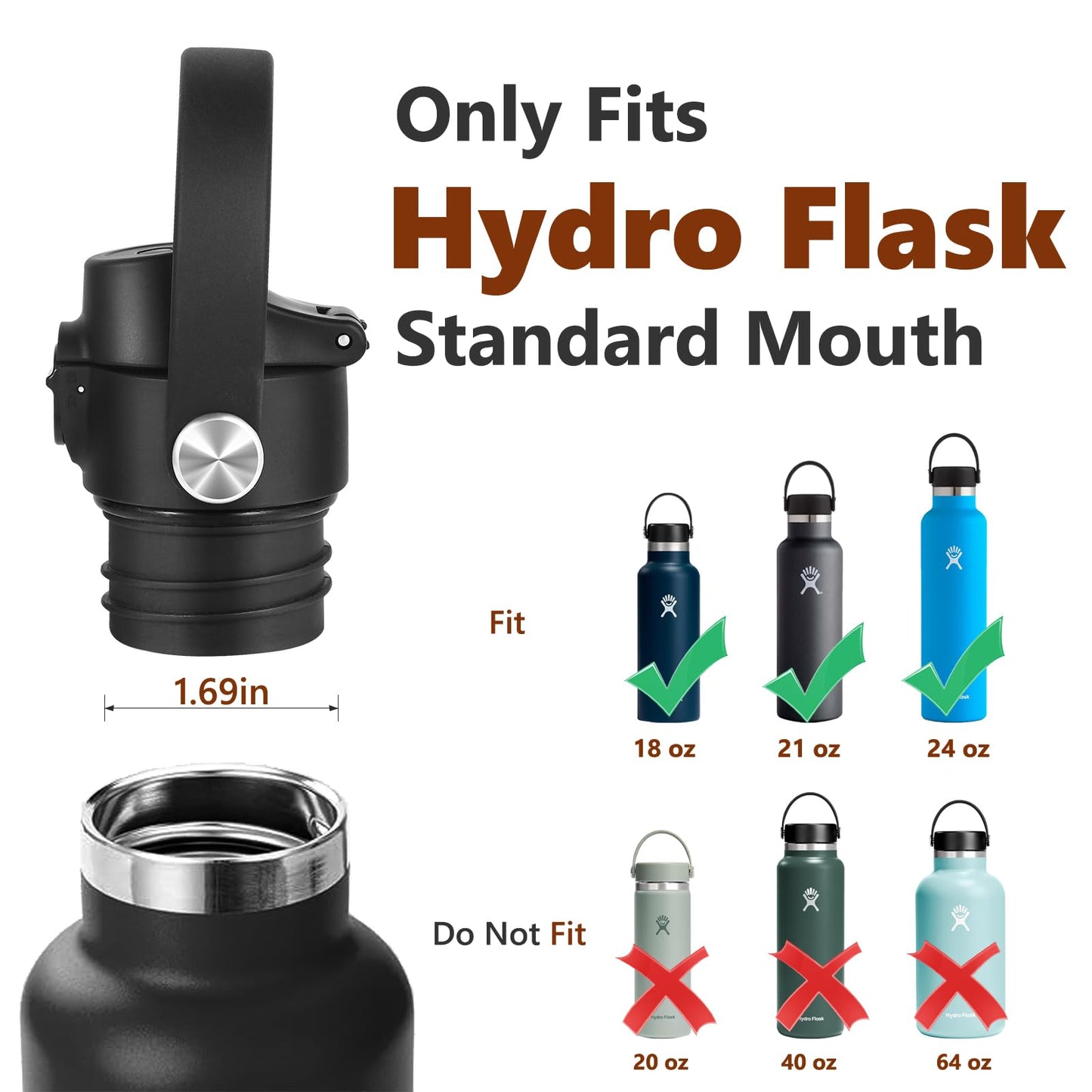 Auto Flip Lid for Hydro Flask Standard Mouth Bottle, Spout lid for HydroFlask Narrow Mouth Bottle, Replacement Lid with Button Lock, Black 2 PCS