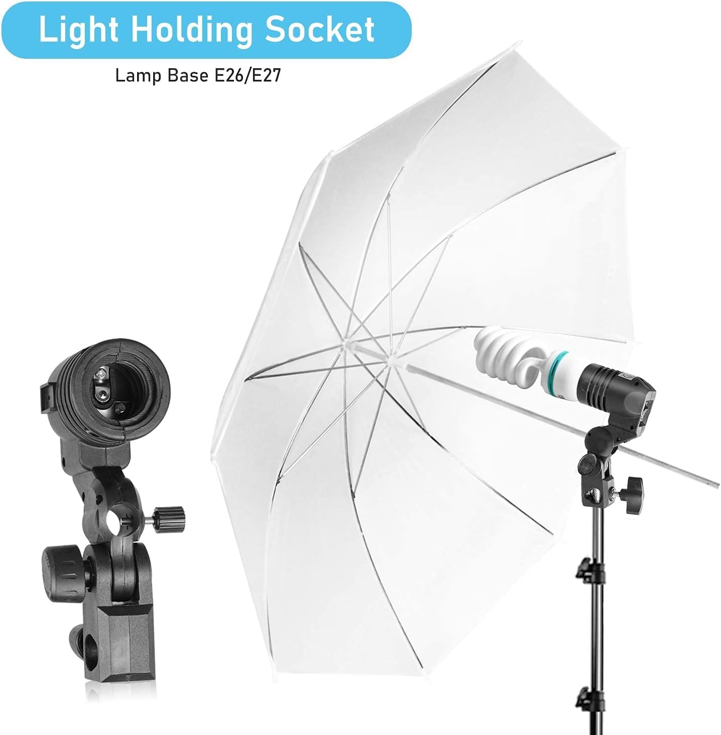 Photography Light Bulb Holder Stand Mount Socket with 8-Feet Cable Cord & Umbrella Reflector Holder, E26 E27 Base