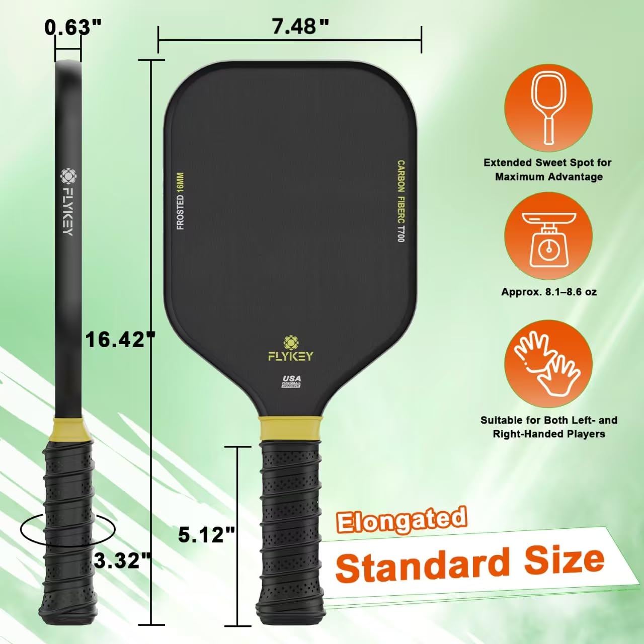 FLYKEY Pickleball Paddles, T700 Carbon Fiber Pickleball Paddle with a 16mm Shark Power Polymer Core, USAPA Approved Pickle Ball Paddle, Strong Spin and Power Surface,Strong Shock Absorption
