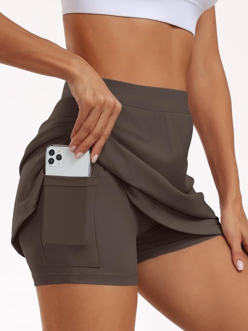 AUTOMET Women's Mini Tennis Skirt with Shorts Underneath 2026 Athletic Workout Cute Golf Skorts Trendy Summer Gym Clothes Brown S