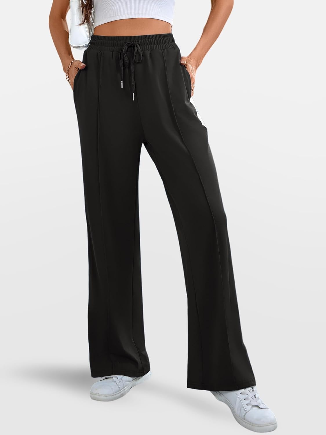 Skiennix Wide Leg Sweatpants - High Waisted Baggy Active Pants with Pockets | Striped Design