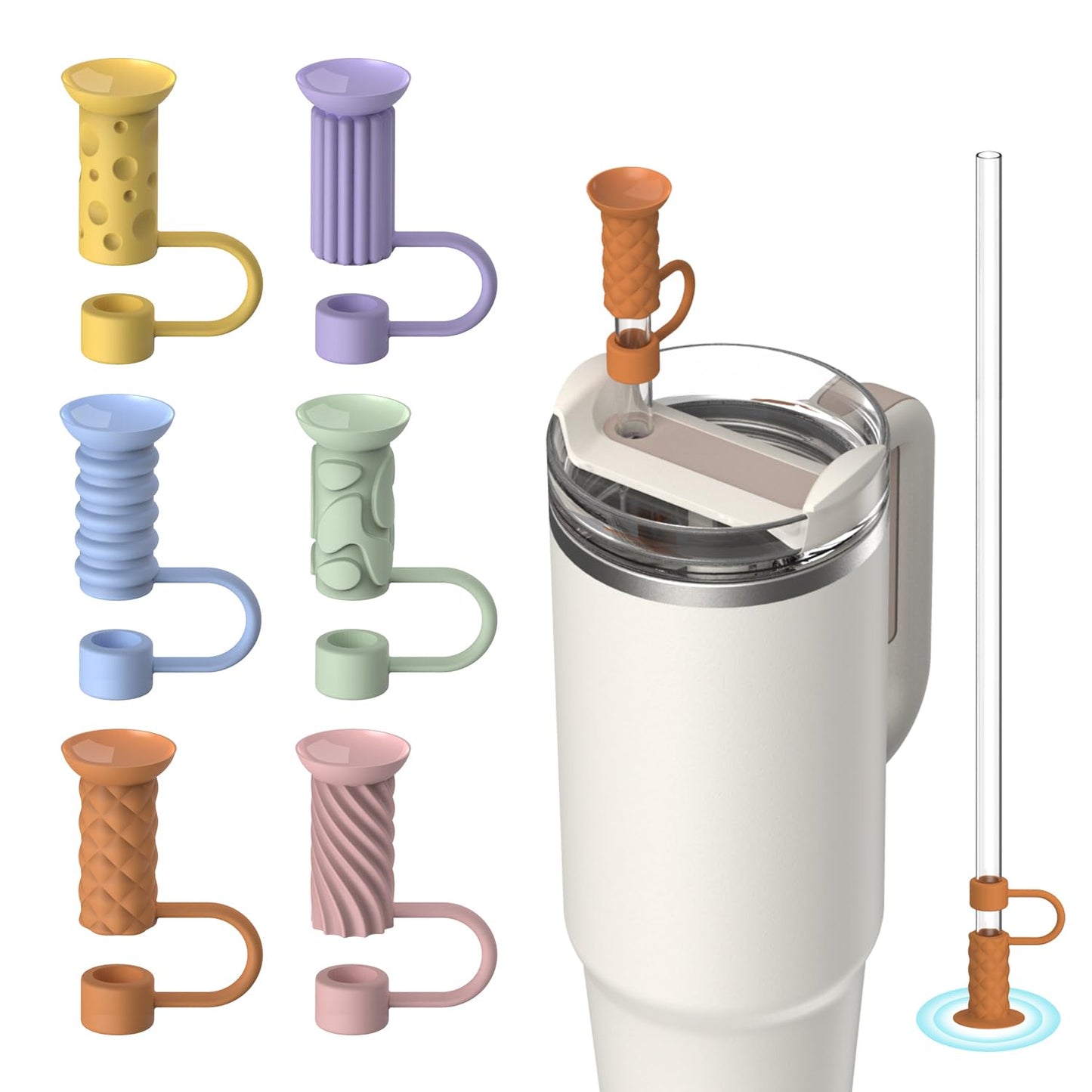 VOGOGE 6 Pcs Straw Cover Caps with Suction Base, 0.4in/10mm Straw Toppers for Stanley Cup 30/40 oz, Multicolor