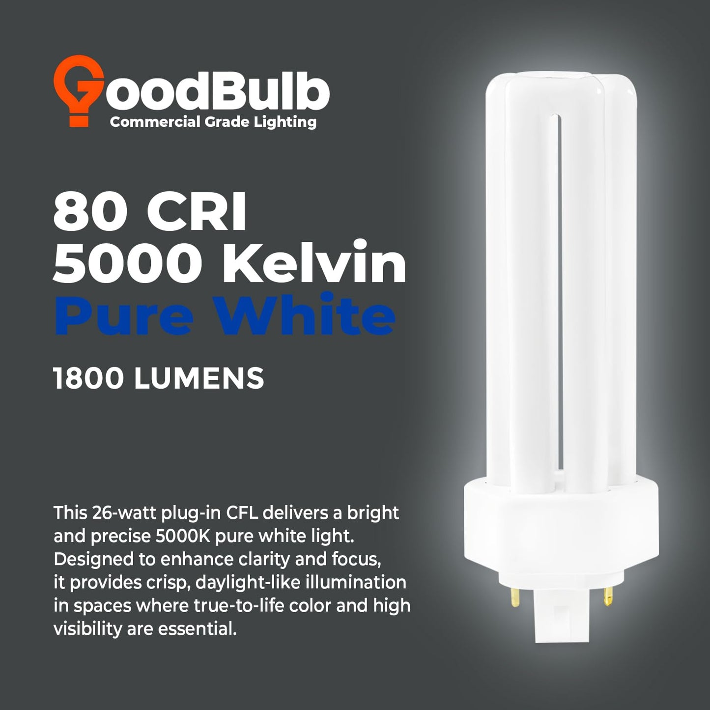 GoodBulb 26 Watt CFL Light Bulbs 4 Pin GX24Q-3 Base 5000K Daylight 26W High Output 1800 Lumens Triple Tube Compact Fluorescent Light Bulbs Plug-in 10 Pack