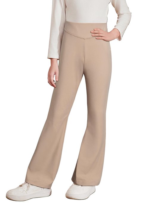 blibean Teen Girls Flare Yoga Leggings Big Kid Fall Bell Bottom Dance Pants Casual School Elastic High Waist Trousers Spring Wide Leg Legging with Pockets Size 8-9 Year Old Khaki