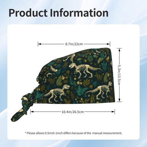 Dinosaur Skeletons Working Cap, Scrub Cap with Sweatband, Adjustable Tie Back Hat Breathable Headgear for Women/Men