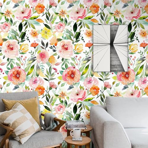 Colourful Ink Floral Wallpaper,17.71"x118.1" Peel and Stick Wallpaper Self-Adhesive Contact Paper for Living Room Bedroom Washroom Cabinet Wall
