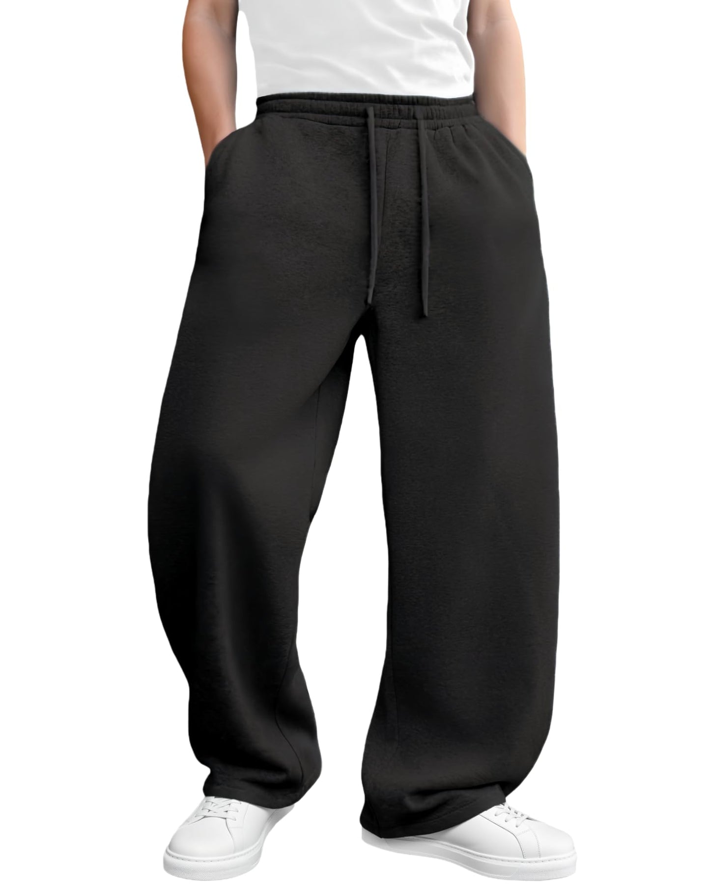 Men’s Baggy Sweatpants Wide-Leg, Elastic Drawstring Waist Casual Lounge Joggers with Deep Pockets and Cozy Fleece Black