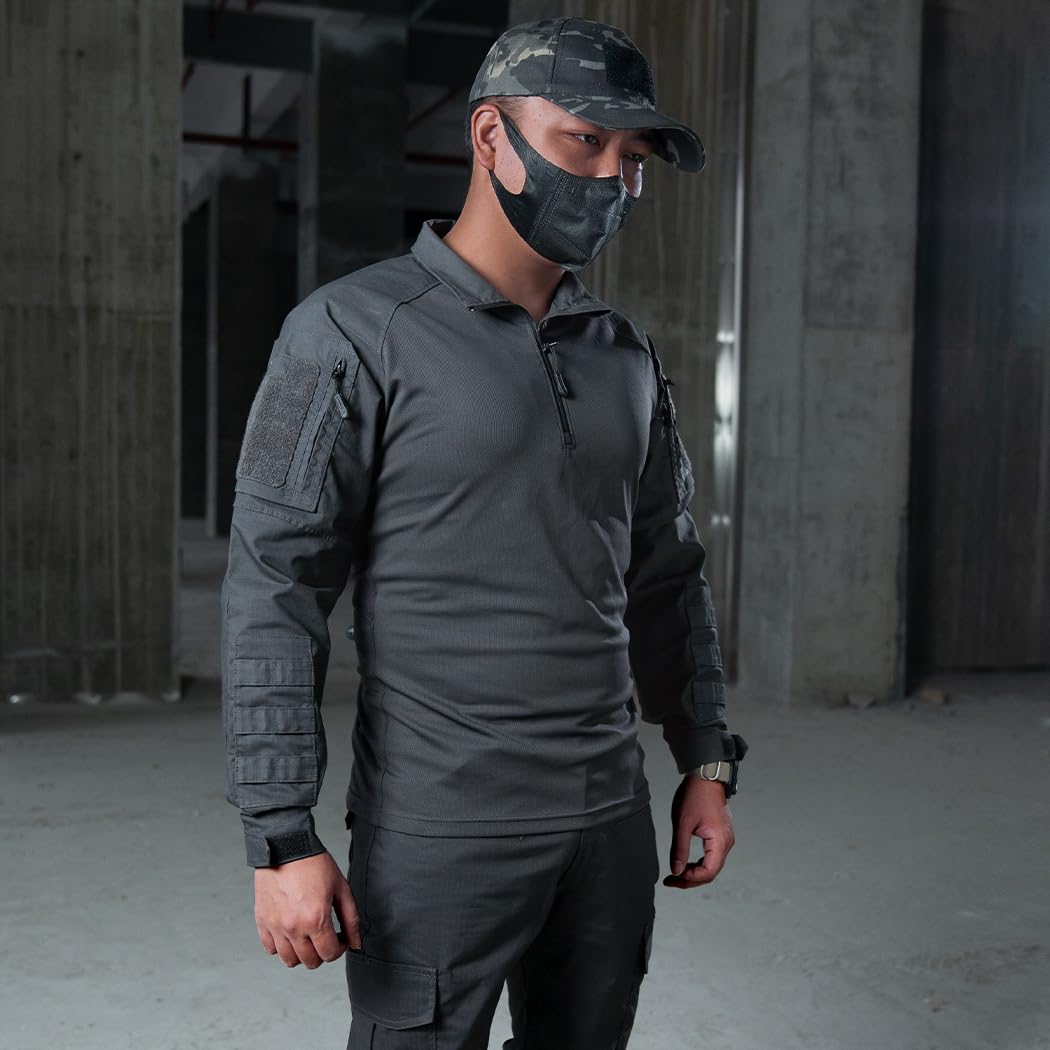 IDOGEAR Men’s Combat Shirts Tactical Long Sleeve Shirt with Elbow Pads Military BDU Shirts with Pockets Airsoft Clothing(Gray,Large)