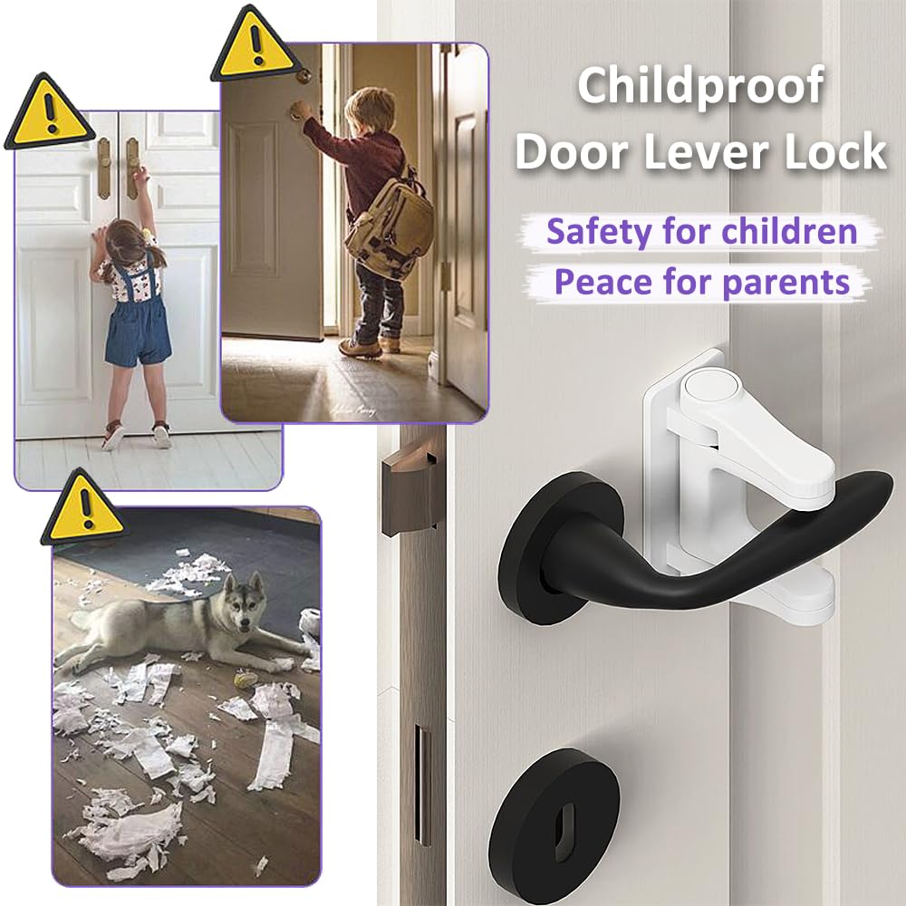 Door Lever Lock Child Proof, 2 Pack Door Handle Baby Proof No Drilling, 3M Adhesive Child Safety Cabinet Locks for Doors Simple Install and No Tools Needed, White
