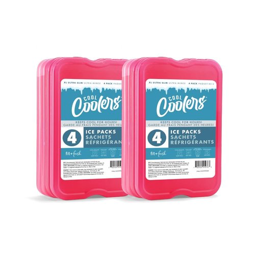 Cool Coolers by Fit + Fresh Slim Compact Reusable XL Ice Pack, Perfect for Lunch Boxes, Coolers, and Beach Bags, 8 Pack, Pink