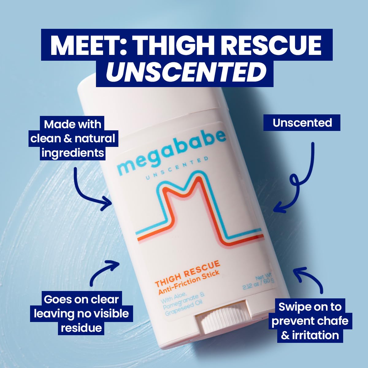 Megababe Thigh Rescue Anti-Chafe Stick - Unscented Formula Prevents Skin Chafe & Irritation | 2.12oz