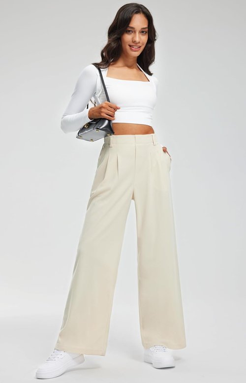 Libin Women's Wide Leg Pants - 29" High Waisted Waffle Knit Casual Trousers with Pockets | Beige, Medium