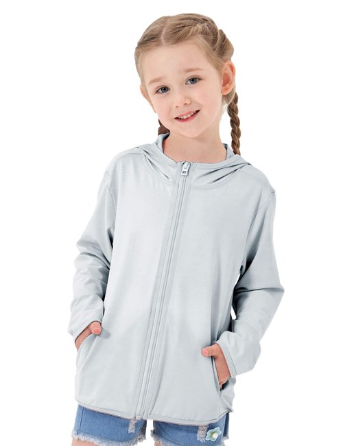 TAGIHOO Kids Zipper Sun Protection Jacket Boys Girls Hooded Cooling Shirt Pockets Fishing Running Outdoor (Grey,160)
