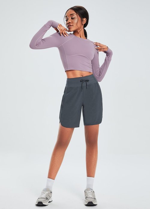 baleaf Women's 7" Athletic Long Running Shorts Workout Gym Quick Dry Hiking Shorts High Waisted Zipper Pocket Dark Gray L