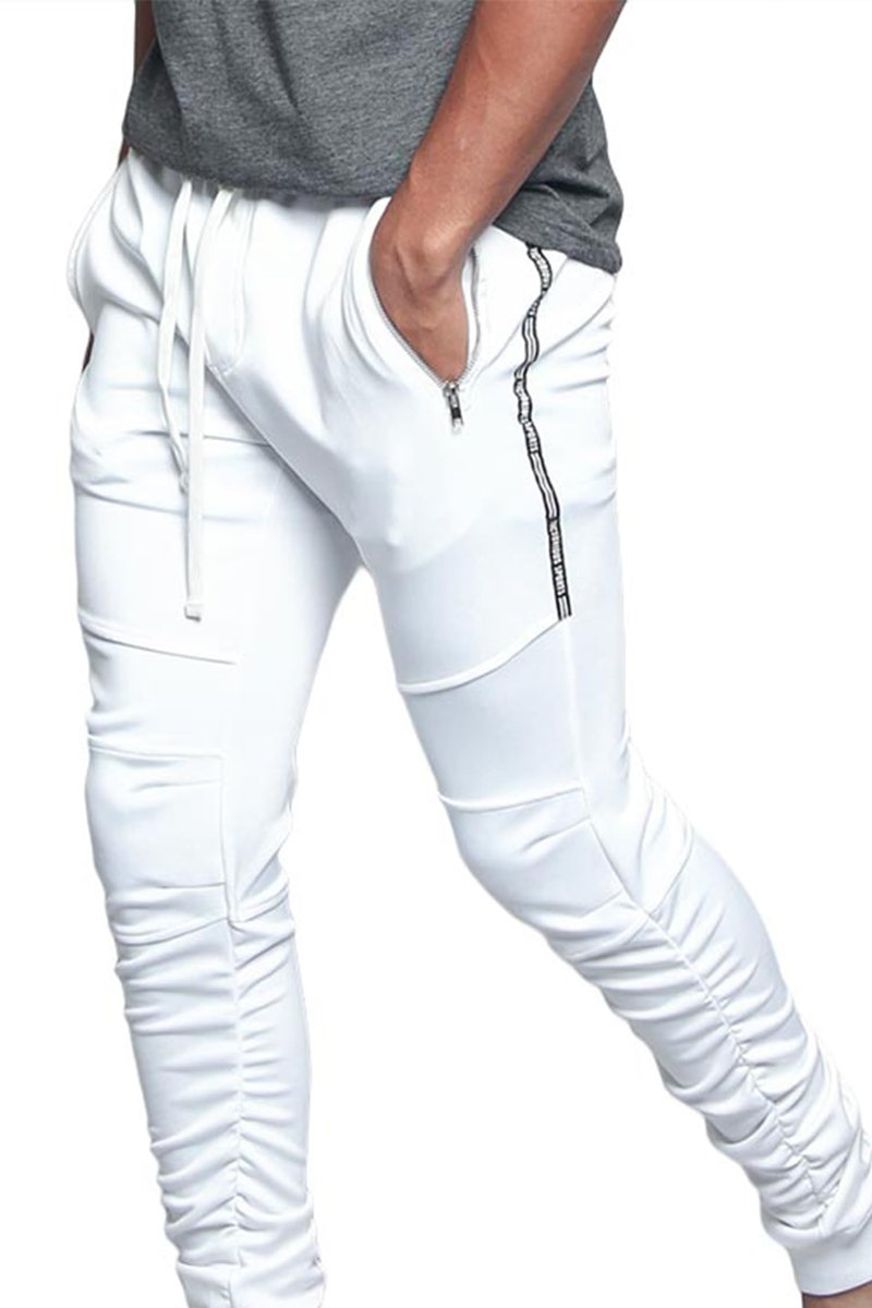 VS Sport Moto Style Sectioned Thigh Lettered Side Strip Zipper Pocket Scrunched Calf Drawstring Premium Track Pants TR548 - White - X-Large - V1E