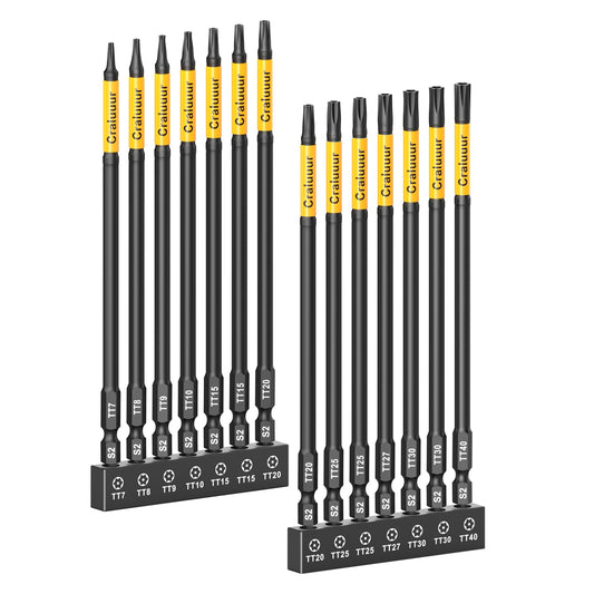 Craluuur 14PCS Impact Long Torx Bit Set, 6-Inch, T7–T40, Tamper Proof Star Bits Set, Magnetic Security Torx Bit Set with 1/4 Inch Hex Shank, S2 Steel, Ideal for Automotive, DIY, Electronics