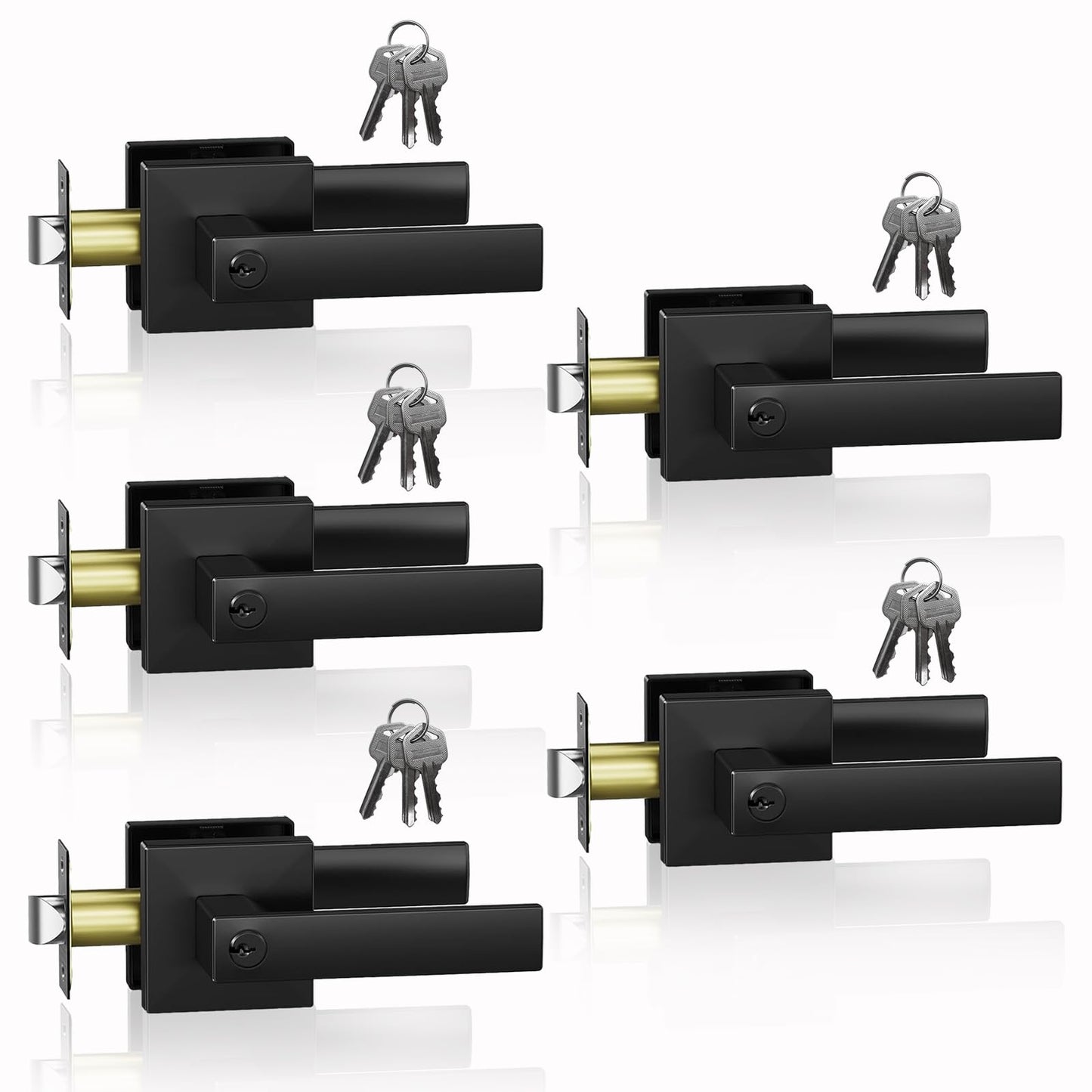 DSJJBLL 5 Pack Matte Black Door Handle Heavy Duty, Different Keys Entry Door Lever, Door Knobs with Lock and Key, Square Door Lever for Bedroom, Bathroom and Front Door