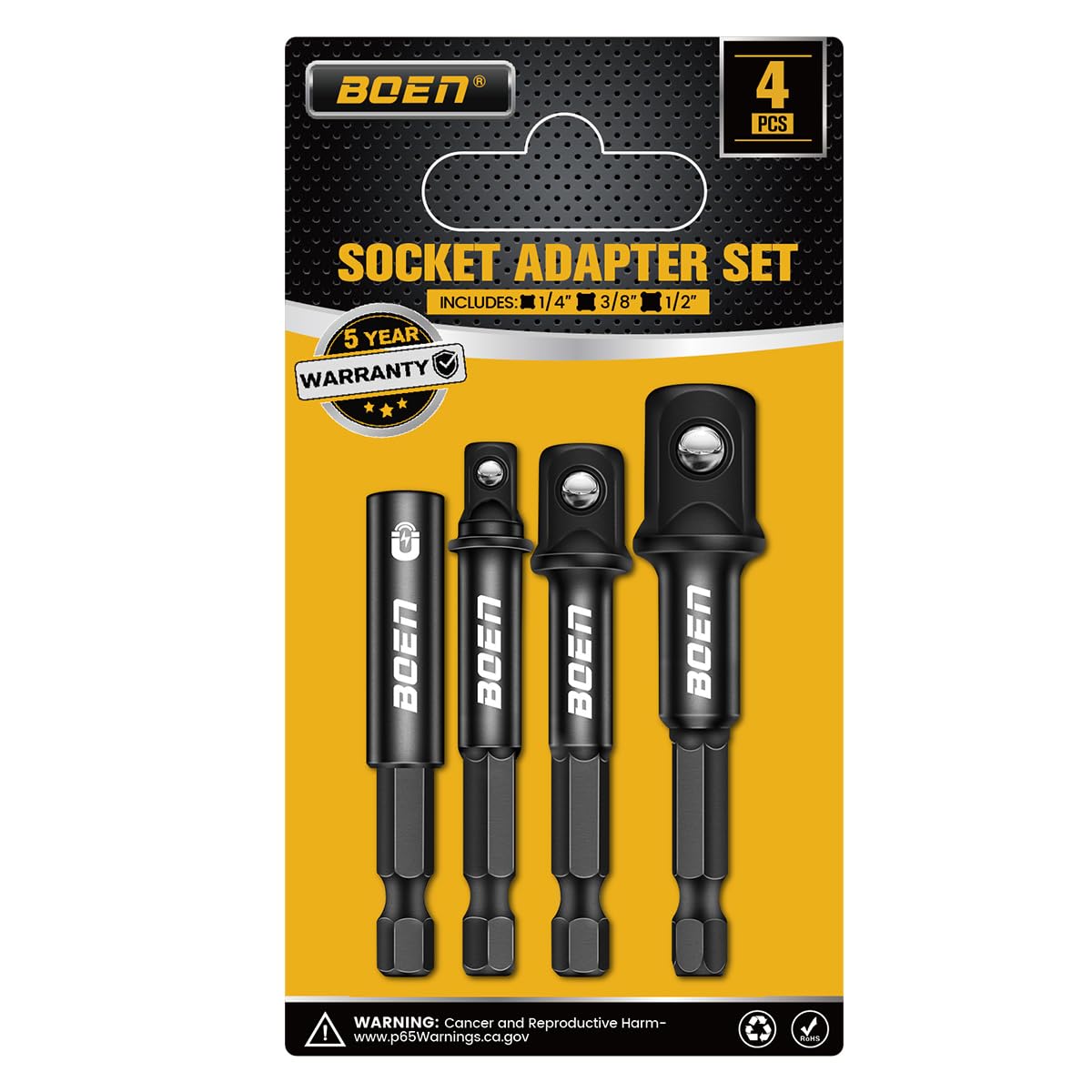 BOEN Impact Socket Adapter & Magnetic Bit Holder | 4 Pieces of 1/4-Inch Hex Shank Extension to 1/4", 3/8", and 1/2" Drive