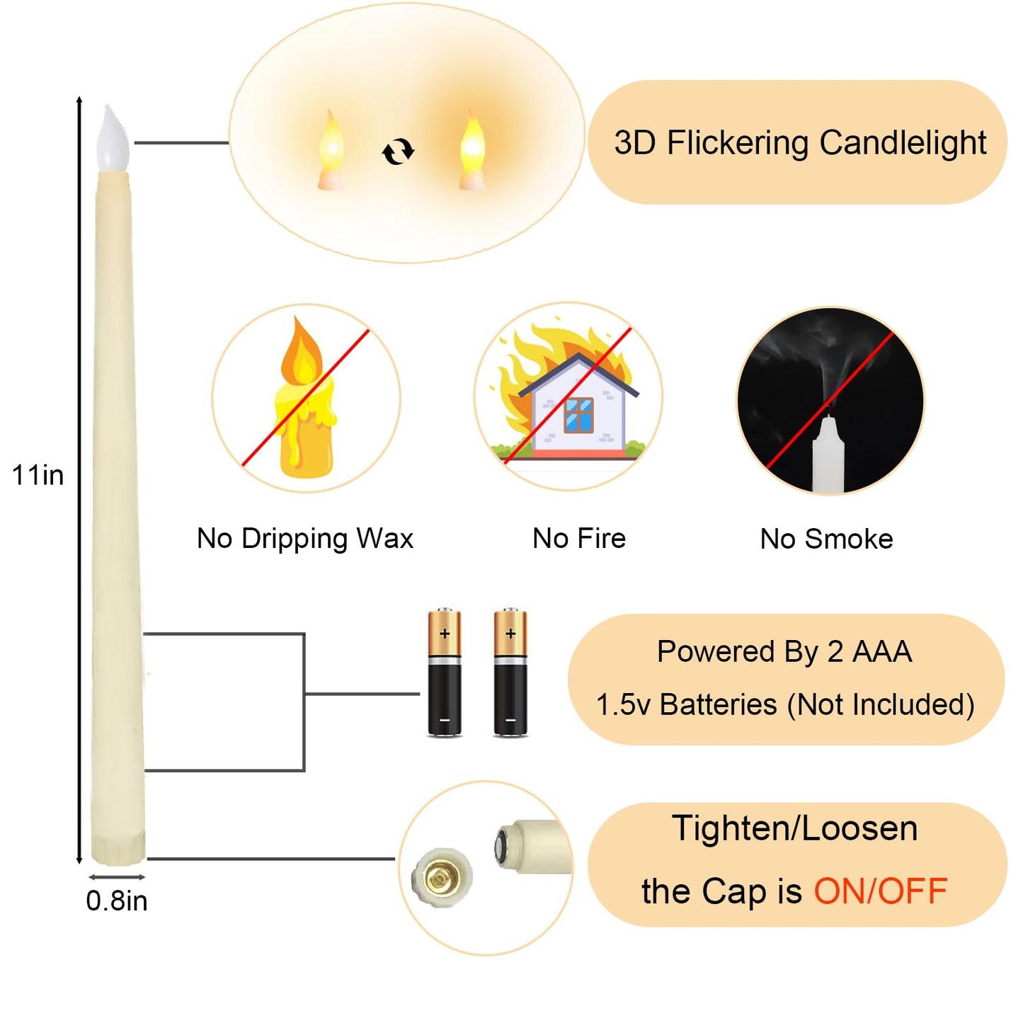 GEHUIZER 100 Pack Flameless Taper Candles Bulk, 11 Inch Battery Operated LED Taper Candles Flickering Electric Led Candlesticks for Christmas Church Wedding Party Centerpiece, No Batteries, Ivory