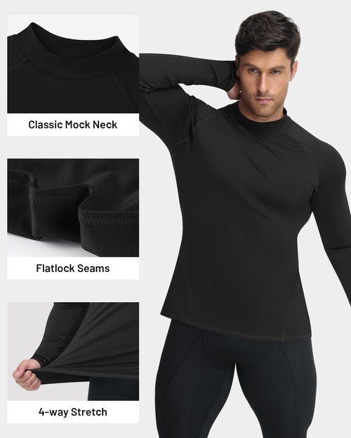 Runhit 2 Pack Men's Thermal Compression Shirts Mock Turtle Neck Long Sleeve Fleece Lined Undershirt Athletic Base Layer Winter Gear Black+Black M