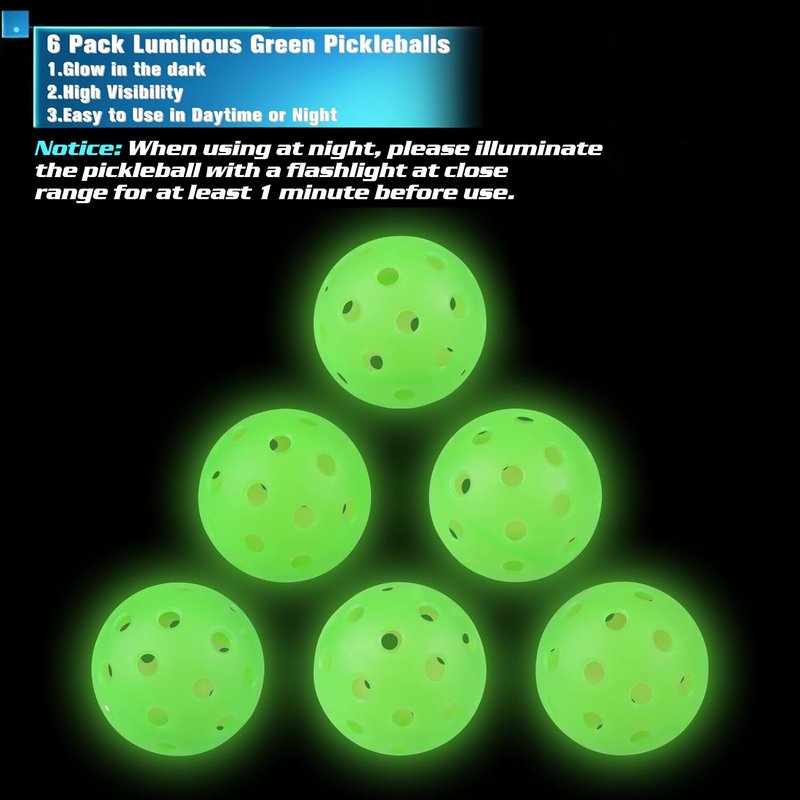 Amoswiz Pickleball Balls, 6 Pack Outdoor Glow in The Dark Pickleballs with Mesh Bag, Luminous Gifts, Light Up Green, High Visibility & Durable for Training