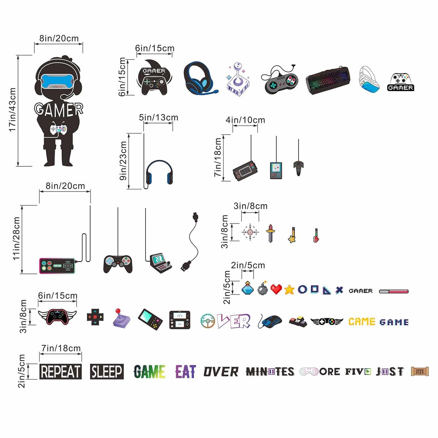 Amimagen Gamer Wall Stickers - Controller Eat Sleep Games Joystick Video Gaming Wall Decals - Boys Bedroom Playroom Baby Kids Room Wall Decor