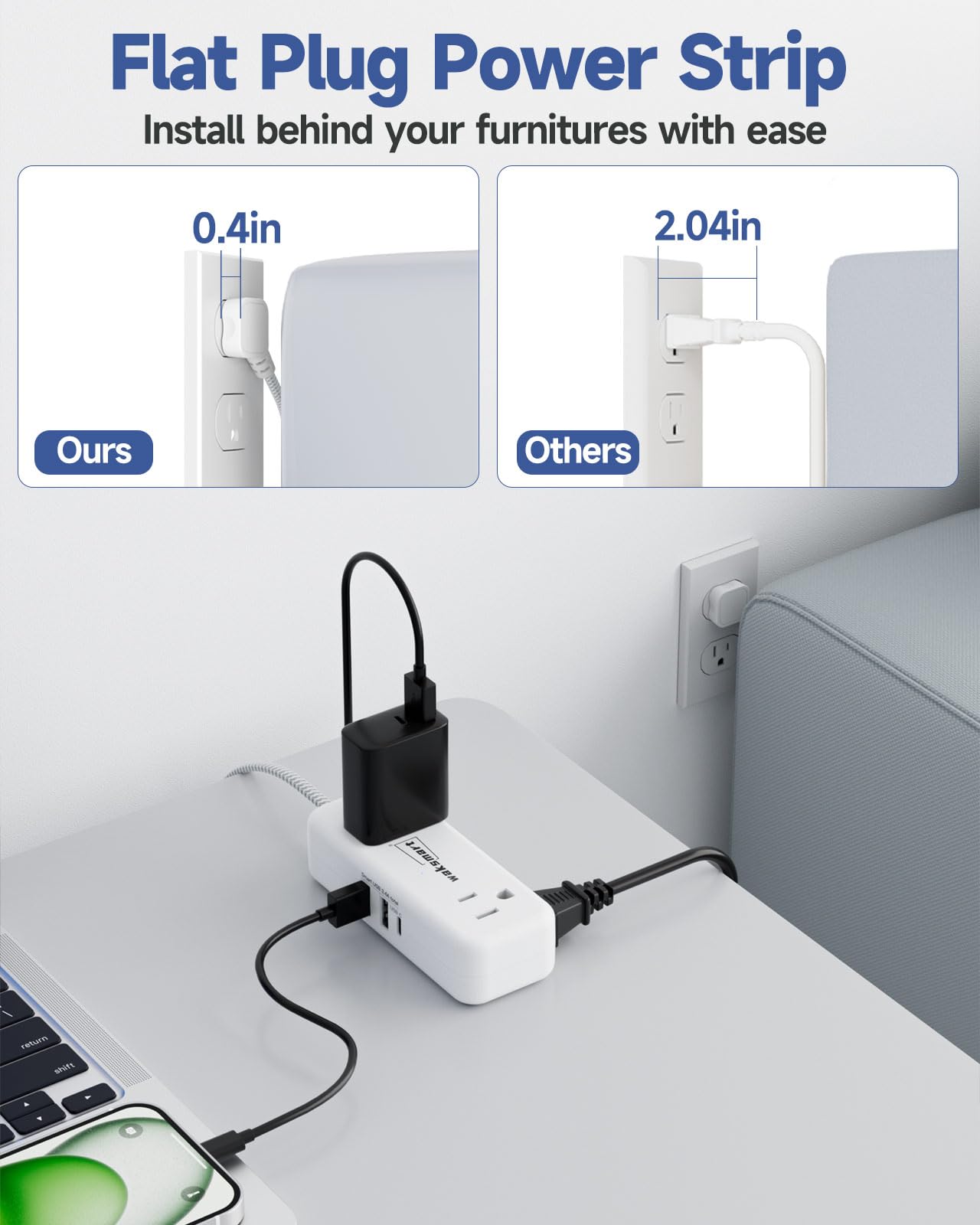 Flat Plug Extension Cord 20 FT with 4 AC Outlets 3 USB Ports (5V/3.4A 17W), 20Ft Long Braided Cord for Home Office College Dorm